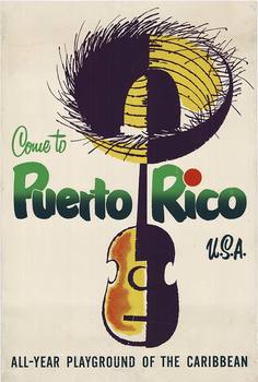 guitar, hat, serigraph, travel poster, original, linen backed