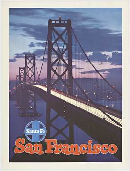 railroad poster, San Francisco Bay Bridge, original poster, excellent condition, city at dusk, Santa Fe, San Francisco, city lights, West Coast, railroad poster, original poster
