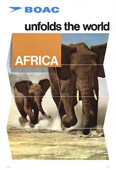  <br>Original BOAC Africa, unfolds the world vintage travel poster. <br>Archivally linen backed in fine condition, ready to frame. British Overseas Airline Corporation <br> <br>This poster ‘unfold the world’ with travel to Africa. The image of a mothe