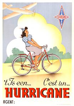 Original Hurricane Bicycle vintage poster.   Archivally linen backed in mint condition 72-year-old poster, ready to frame.  <br><br>This is an original mid-century modern vintage Hurricane bicycle poster. The poster features a pin-up style young woman r
