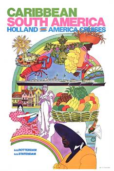 This image features everything you would find on a visit to the Caribbean and South America. You have your sun with a lobster meal, colorful dancers, fruit baskets, rainbows, champagne, and tour guides. Very few of the posters created for the cruise 