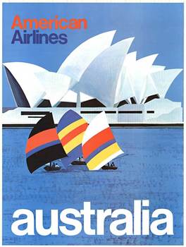 The poster shows sailboats crossing the ocean in a mirror of the opera house roof.    The Sydney Opera House opened in 1973 and was designed by Danish architect Jorn Utzen.   The building is now has a UNESCO World Heritage status.