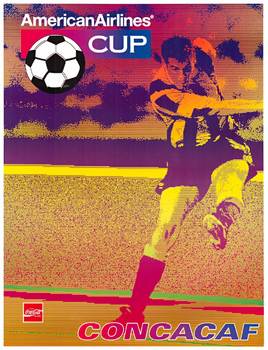  A very seldom-seen original soccer poster. <br> <br>The poster, created in a pop art style with multiple colors, shows one of the soccer players in action. American Airlines Cup and a large soccer ball are in the upper left corner. Coca-Cola was a s