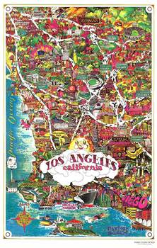 fun map of Los Angeles, all the signs, steets, and vacation spots of Southern California.   Linen backed 1976 original,