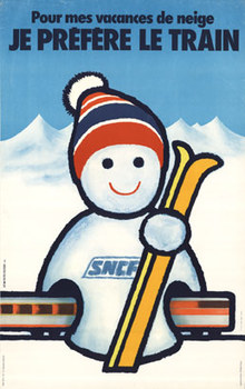 Snowman holding skiis, has a train tunnel in his side, mountain skiing, original poster
