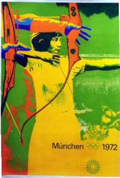 Otl H. Aicher of Ulm, who served as art director for the event, specified that all the individual sport posters start with a photograph. Then the images were solarized to achieve unusual effects & printed in bright color combinations. <br>Keyword: bow, a
