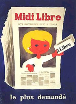 French poster, newspaper poster image B+ condition, linen backed. Has a little girl looking out of a window of the newpaper handing you a copy of Midi Libre.