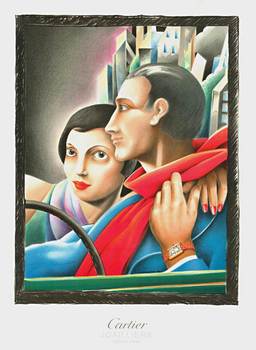 Original poster: Cartier Joailliers watch poster. Museum linen backed poster. The couple in the car driving and showing off his new Cartier watch. Abstract art deco style building in the background of this image provide a pleasant image.