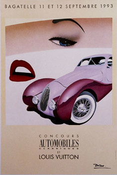 Original Parc de Bagatelle 1993 Concours Automobiles Classiques et Louis Vuitton. Linen backed. Artist: Razzia. A woman's eyes and lips sit above this deco auto. Light purple and maroon toned with cream colored background. <br>Hand signed in penci