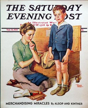 mon and son, school clothes, magazine poster, linen backed, origional