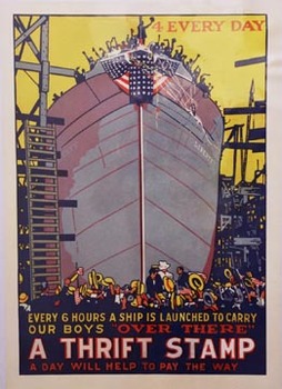 Linen backed. A Thrift Stamp a Day will help to Pay the way. Original WW1 poster. The massive hull of another Liberty Ship separates jubilant shipyard workers crowded around its bow railing from onlookers celebrating below. <br> <br>Every 6 hours a s