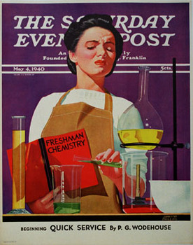 woman studying chemistry, linen backed poster, original, rare