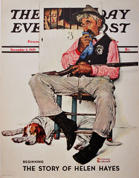 Saturday Evening Post Poster, man with gun, dog, chair,