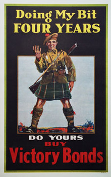 man in a kilt with 4 fingers raised. Doinng his time in the militaryh of 4 years. Victory Bonds, original WW1 poster, linen backed.