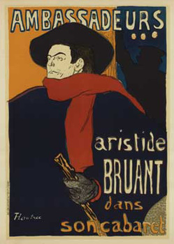Aristide Bruant, cabaret performer, black red and gold, turn of the century, lithograph, poster art, Toulouse-Lautrec