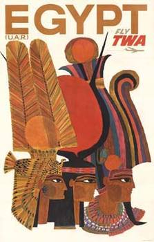 Egypt - Fly TWA; artist David Klein, size 25.25 x 39.75"; archival linen backed and ready to frame.  Fine condition.
<br>
<br>Original, linen-mounted poster for TWA. Fly to Egypt. (U.A.R.)  Great condition.   Linen backed.   Shows Egyptian pharaohs with t