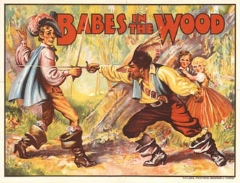 Charming poster for the fairy tale Babes in the Wood. Archivally mounted on linen, and in perfect condition. 1920's stone lithograph pantomine where women usually played the men's role on stage.