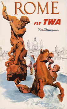 ROME Fly TWA - Bernini's Fountain of the Four Rivers Fountain, original travel to Rome, Italy vintage poster. <br>Yet another great classic design from Mr. Klein, TWA's most celebrated artist. Original linen backed ROME fly TWA featuring the Bernini's 