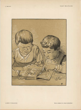 A page from L'image of two boys sharing a book.