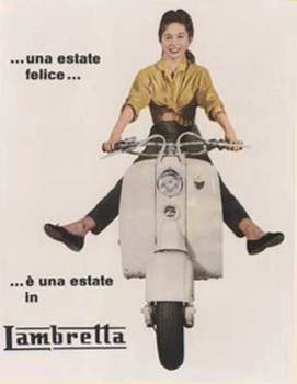 A young woman pictured riding a Lambretta scooter.