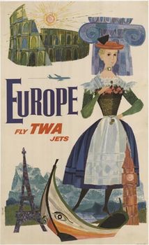 Original TWA Linen backed travel poster. Great condition. Fly Europe with TWA Jets.    The image features famous European sites such as the Eifel Tower; the Roman Coliseum, Swiss and Italian Alps, Greek columns, and Viking boats.
<br>
<br>This Europe post