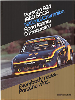 Original vintage factory issue Porsche racing poster. <br>Porsche 924 1980 SCCA National Champion Road to Atlanta D Production. <br>Sports Car Club of America <br> <br>#porsche #originalposter #racingposter #porscheposter #porschefactoryposter #porsch