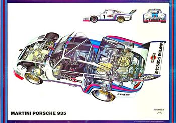Original Martini Porsche 935, horizontal format; color, depicting a cutaway illustration of this ultra successful racing Porsche.    A version of this poster with the wording Martini-Porsche 935, Gewinner der Marken-Weltmeisterschaft 1976 was also created