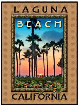 Original fine art poster design created by Bill Atkins for the city of Laguna Beach. This image features a view of the Montage park and palm trees looking toward Catalina Island.