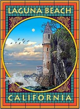 Original Laguna Beach, California; Victoria Beach Tower. Printed on 230-250 gm acid free watercolor paper with archival ink; this print is created to last as long as the great early French vintage travel posters done in the 1890's.