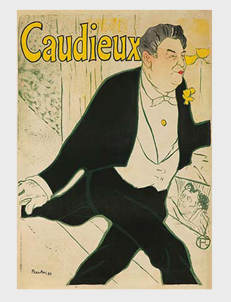 Original. Mounted on acid free archival linen. Imp. Chaix, Paris A well-loved cabaret personality in Montmartre, Caudieux was a large, floppy ball of a man, shown here with coat-tails billowing behind him as he exits, stage right.