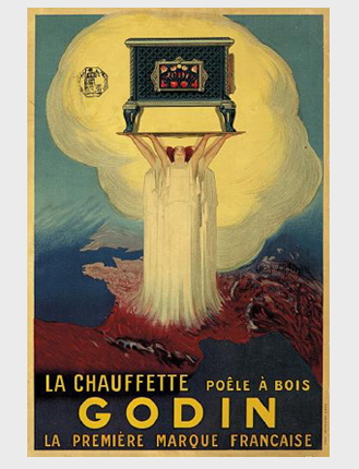 Paris Manufactured since 1840, Godin stoves work just as well heating a room as they do cooking a meal. Here, three Delphic priestesses hold aloft the product, la chauffette. The 3 goddesses are standing on the area of the world map in France.